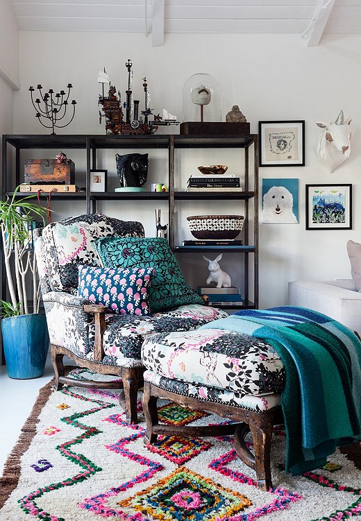 Plush Berber rugs, including vibrant Boucherouites, are synonymous with Eclectic style. Photo by Nicole LaMotte.
